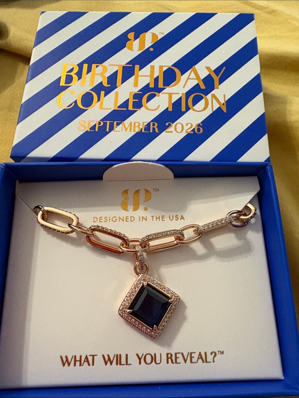 Gold-Tone Chain Necklace with Black Square Crystal Pendant - Birthday Collection